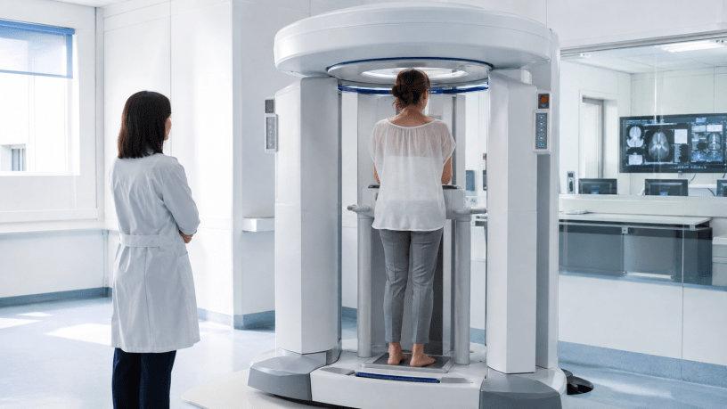 Paziente in piedi durante un esame con TAC Cone Beam in un moderno reparto di diagnostica, sotto la supervisione di una specialista.