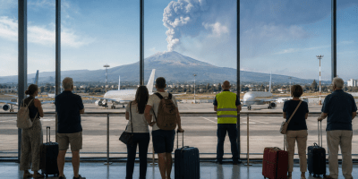 Passeggeri con le valigie osservano gli aerei fermi all’aeroporto di Catania mentre l’Etna emette una grande colonna di cenere.