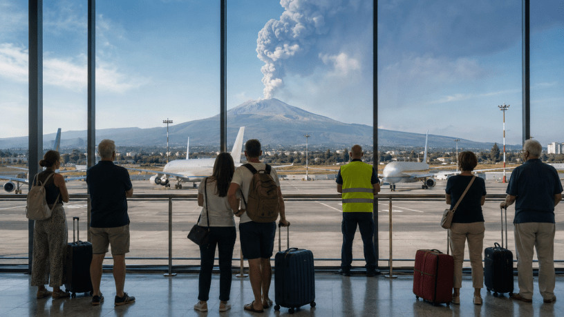 Passeggeri con le valigie osservano gli aerei fermi all’aeroporto di Catania mentre l’Etna emette una grande colonna di cenere.