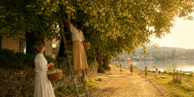 Tiepida sera estiva sulle rive di un lago, con donne che raccolgono i fiori dai tigli e bambini che giocano con girandole colorate.