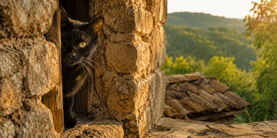 Gatta nera dai lunghi baffi argentati osserva timorosa da una vecchia capannina di pietra, mentre una lucertola riposa al sole davanti alle colline verdi.