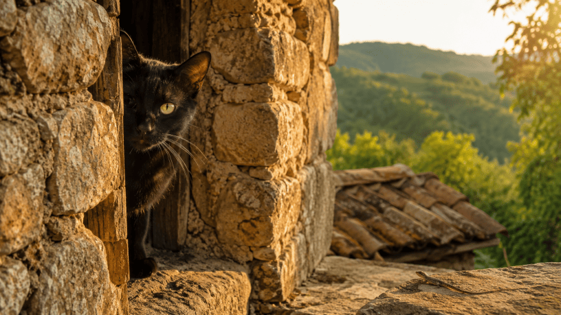 Gatta nera dai lunghi baffi argentati osserva timorosa da una vecchia capannina di pietra, mentre una lucertola riposa al sole davanti alle colline verdi.