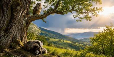 Un tasso protegge il proprio cucciolo ai piedi di un grande olmo, mentre un gufo osserva il paesaggio illuminato dal sole e dalla pioggia lontana.