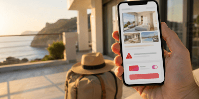 Smartphone con un avviso di sicurezza durante la ricerca online di una casa vacanze, su una terrazza affacciata sul mare.