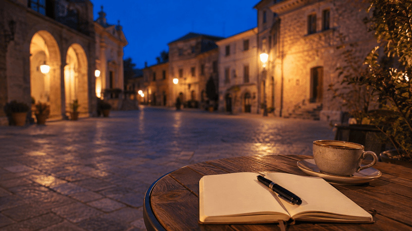 Un taccuino aperto con una penna e una tazza di caffè su un tavolino, davanti a una piazza italiana illuminata nell’ora blu.