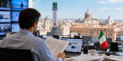 Giornalista al lavoro in una redazione, davanti a schermi e quotidiani, con panorama urbano italiano e bandiera tricolore.