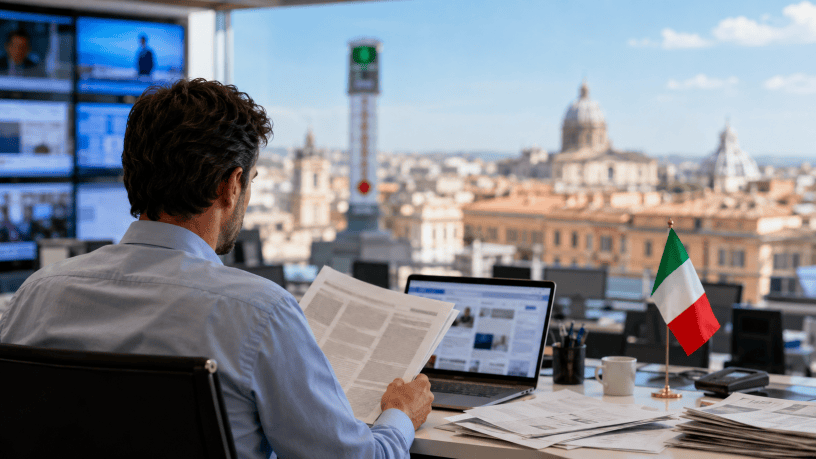 Giornalista al lavoro in una redazione, davanti a schermi e quotidiani, con panorama urbano italiano e bandiera tricolore.