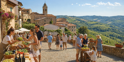 Visitatori e famiglie partecipano a un mercato di prodotti tipici in un piccolo borgo piemontese circondato da colline e vigneti.