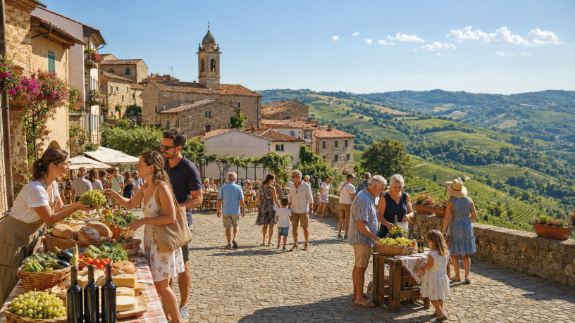 Visitatori e famiglie partecipano a un mercato di prodotti tipici in un piccolo borgo piemontese circondato da colline e vigneti.