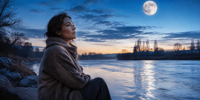 Donna seduta sulla riva di un fiume al crepuscolo osserva una grande luna piena riflessa nell’acqua.