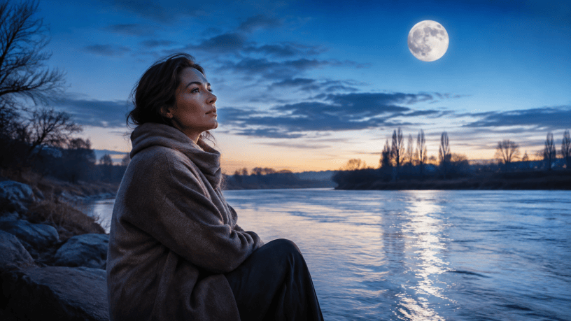 Donna seduta sulla riva di un fiume al crepuscolo osserva una grande luna piena riflessa nell’acqua.