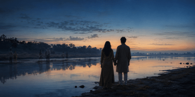 Una coppia si tiene per mano sulla riva di un fiume al tramonto, mentre figure evanescenti e una stella luminosa evocano un amore che attraversa il tempo.