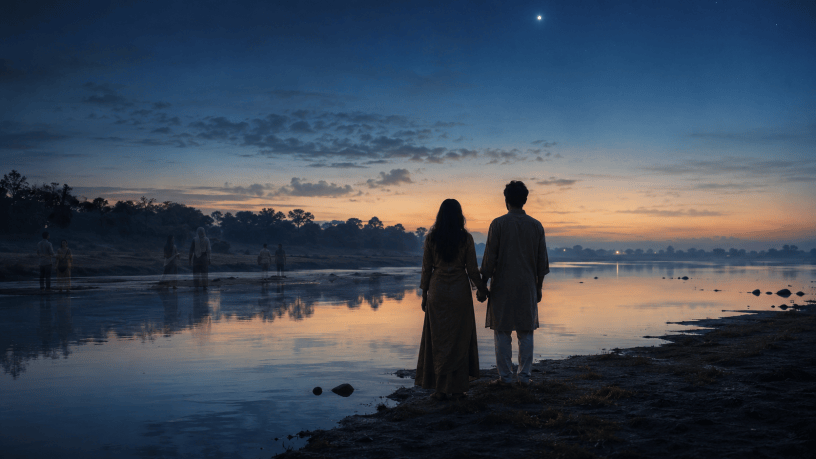 Una coppia si tiene per mano sulla riva di un fiume al tramonto, mentre figure evanescenti e una stella luminosa evocano un amore che attraversa il tempo.
