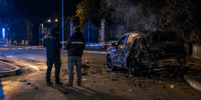 Ricostruzione illustrativa dell’attentato contro Sigfrido Ranucci, con automobile danneggiata, investigatori e area delimitata.
