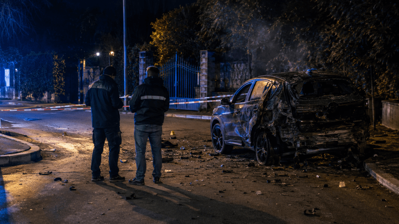 Ricostruzione illustrativa dell’attentato contro Sigfrido Ranucci, con automobile danneggiata, investigatori e area delimitata.