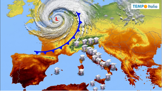 Weather map of Europe showing a cyclone with a low-pressure system, cold front indicated by a blue line, and areas of varying cloud cover across the continent.