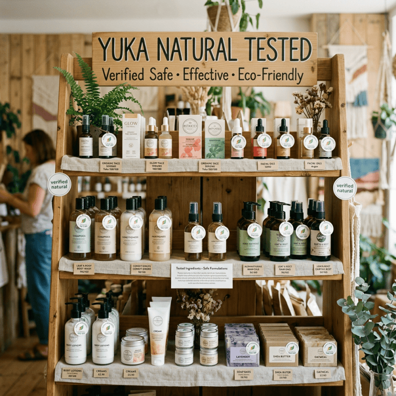 Wooden display shelf with natural skincare and cosmetic products labeled as verified safe and eco-friendly