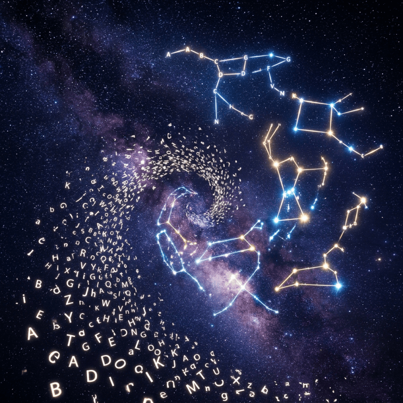 Swirling letters and stars forming constellation shapes against a starry night sky
