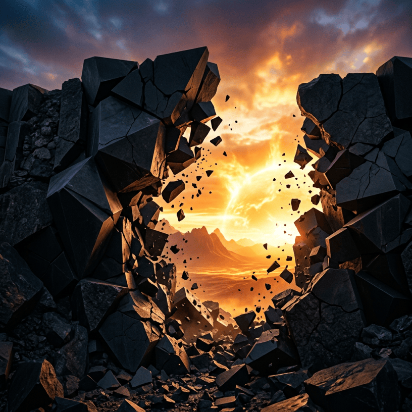 Cracked black rock wall breaking apart to reveal vibrant sunset and mountains