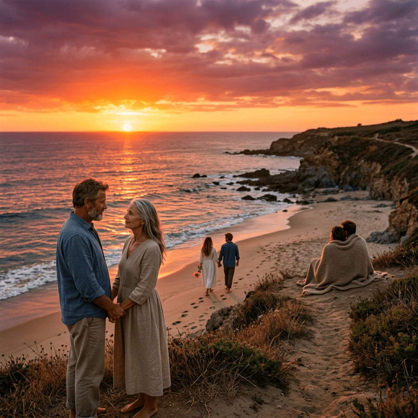 Couple standing barefoot on beach cliff at sunset holding an orange flower.