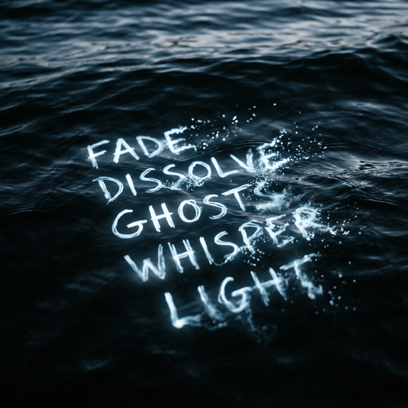 Illuminated words 'FADE DISSOLVE GHOST WHISPER LIGHT' on dark rippling water surface