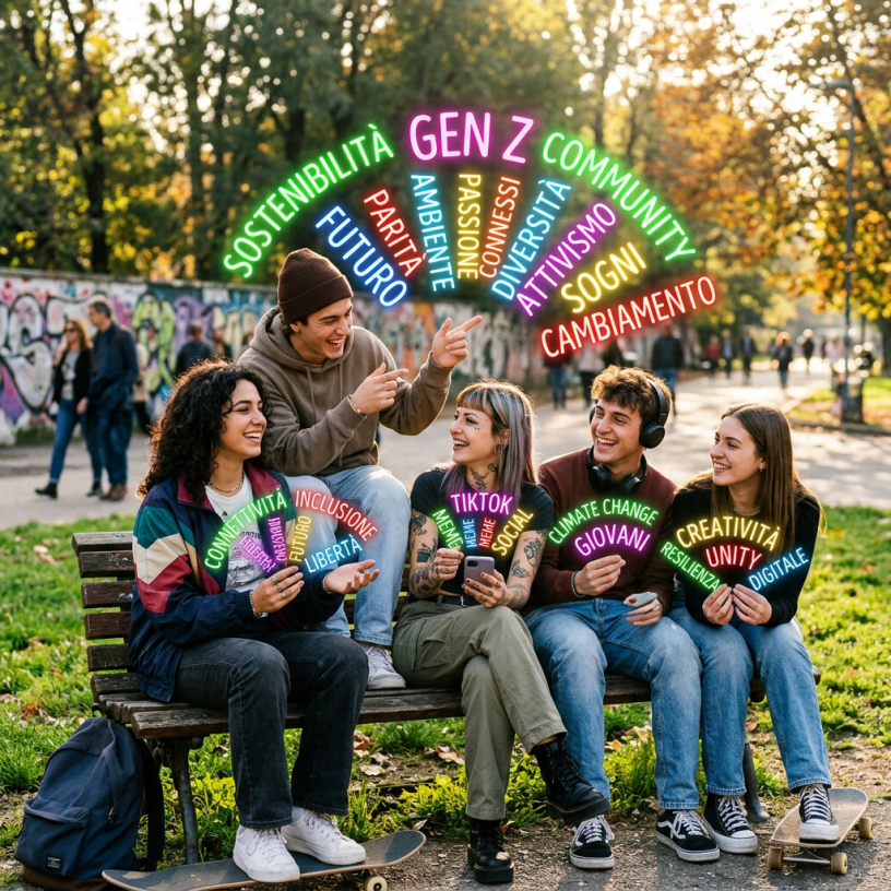 Group of five young people sitting on a park bench with colorful words about Gen Z values floating above and around them