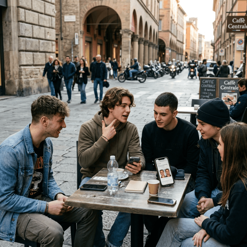Five young adults sitting around a café table looking at photos on phones outdoors