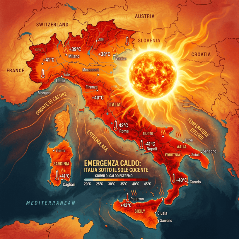Map of Italy and surrounding countries indicating extreme temperatures ranging from 38°C to 43°C during a heatwave