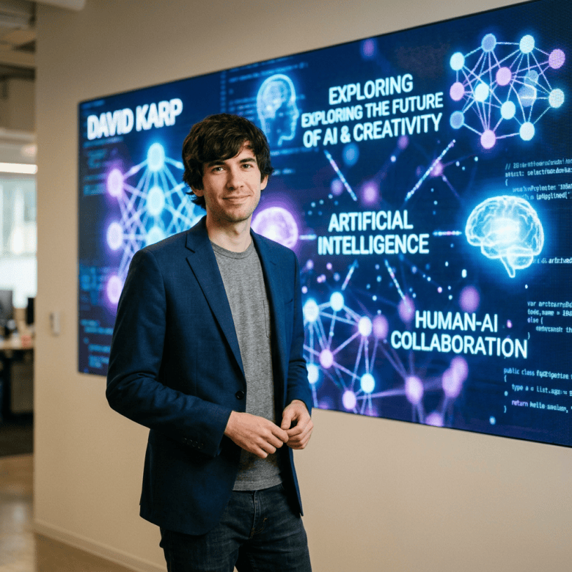 Man standing in front of digital screen with text on artificial intelligence and human-AI collaboration