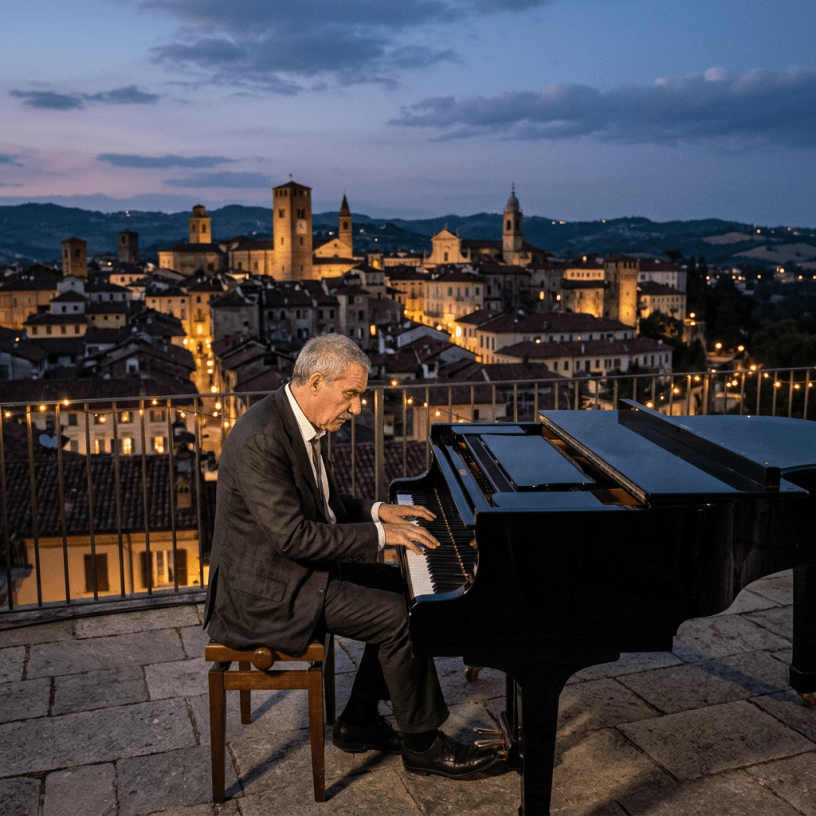 Man in suit playing grand piano on stone terrace with lit historic town in background at dusk