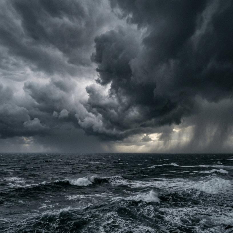 Dark storm clouds and rain over a turbulent ocean with choppy waves