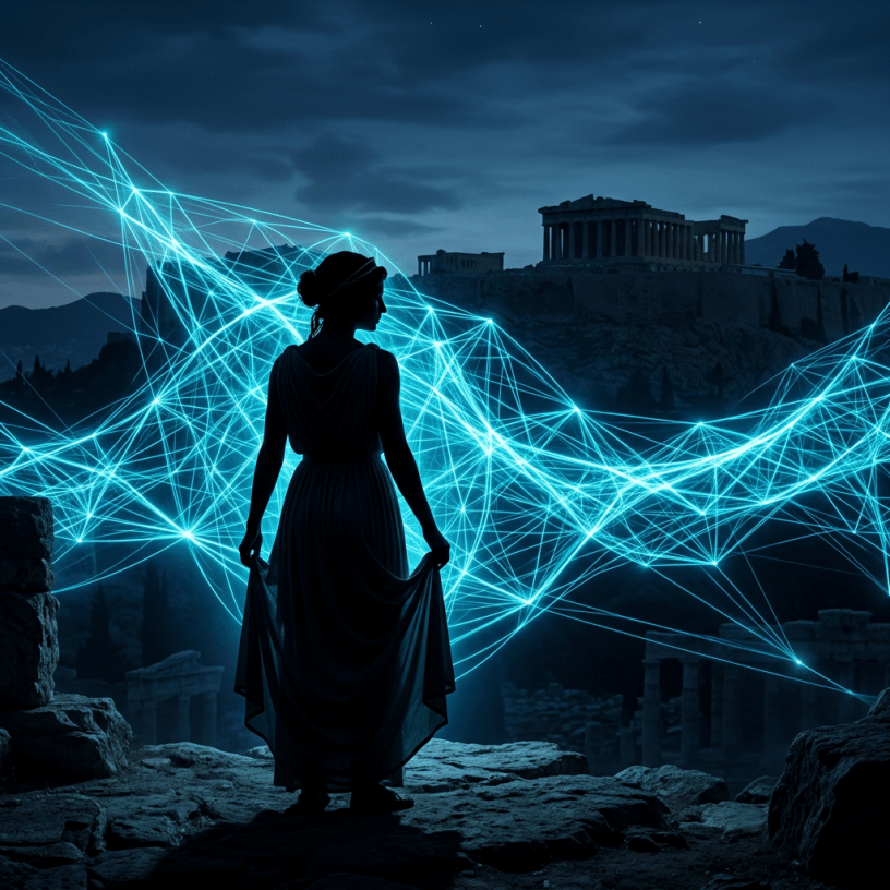 Silhouette of woman in ancient Greek dress with digital network lines and Parthenon temple in background at night