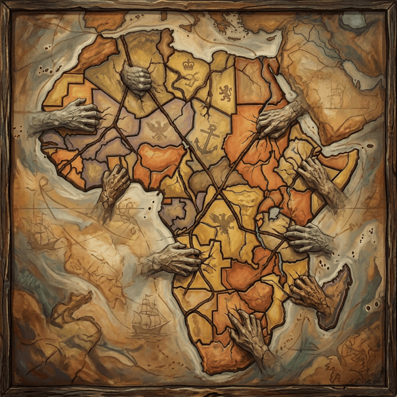 Map of Africa divided into colonial territories labeled British, French, Belgian, Spanish, Portuguese, Italian, and marked areas like oil lease and private ownership
