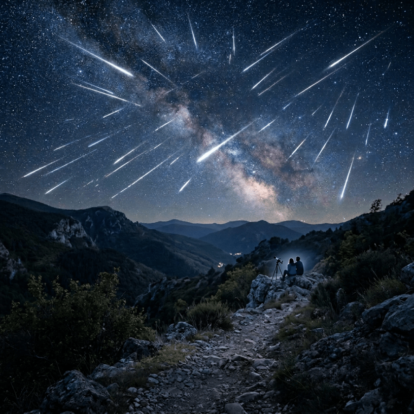 Couple observing a meteor shower in a starry night sky above mountains