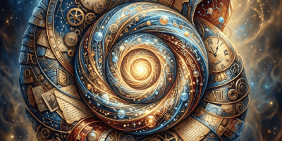 Spiral combining clocks, gears, planets, constellations, and handwritten manuscripts