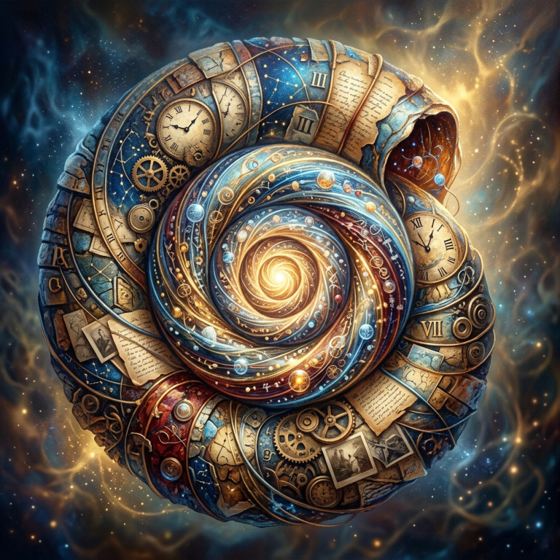 Spiral combining clocks, gears, planets, constellations, and handwritten manuscripts