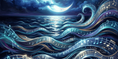 Crescent moonlit ocean with flowing musical notes intertwined in waves