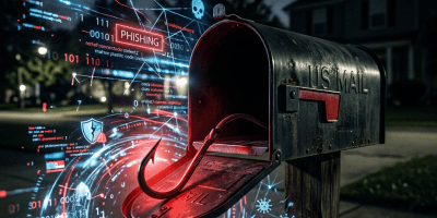 Open US mailbox with a red phishing hook inside surrounded by digital cybersecurity icons and binary code