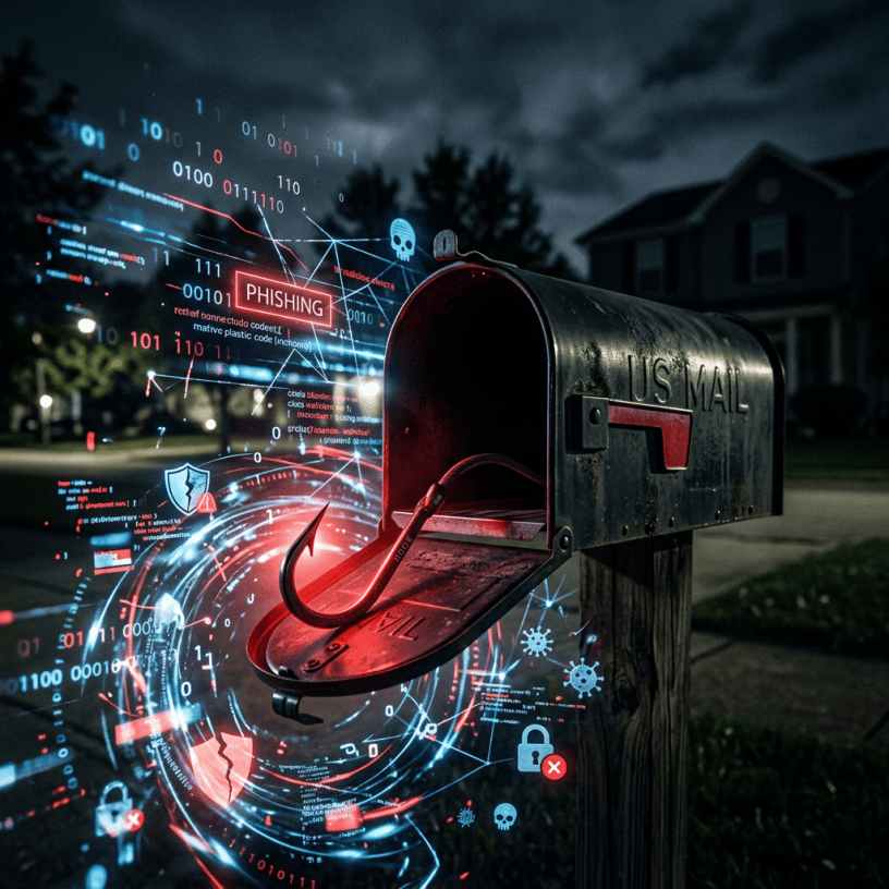 Open US mailbox with a red phishing hook inside surrounded by digital cybersecurity icons and binary code