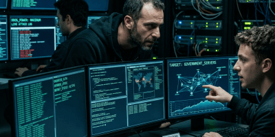 Two cybersecurity professionals working on computers monitoring government server attack data