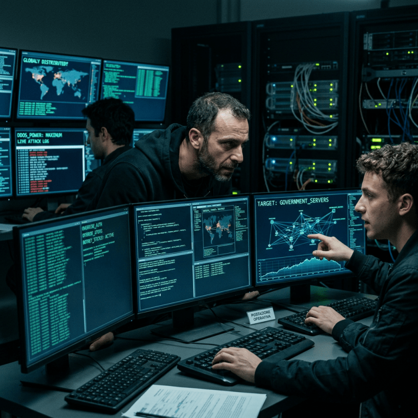Two cybersecurity professionals working on computers monitoring government server attack data