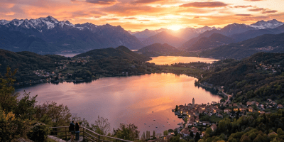 Sunset over lakes surrounded by mountains and a village with glowing lights