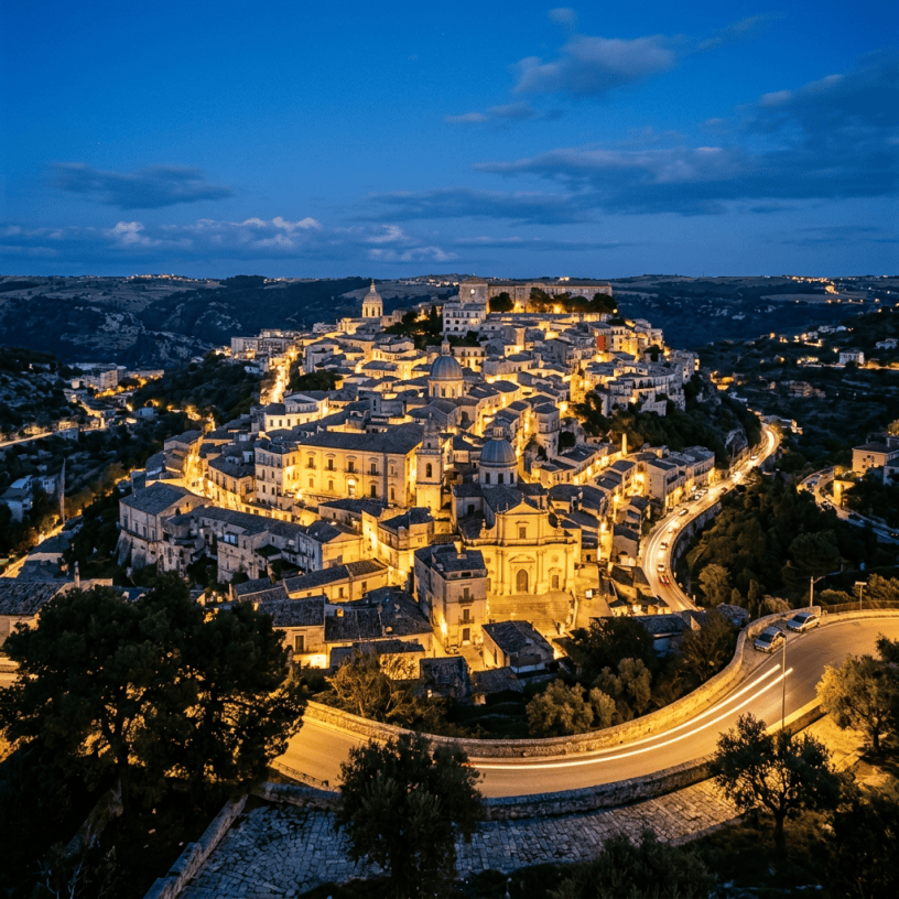 Historic town on a hill lit by streetlights during twilight