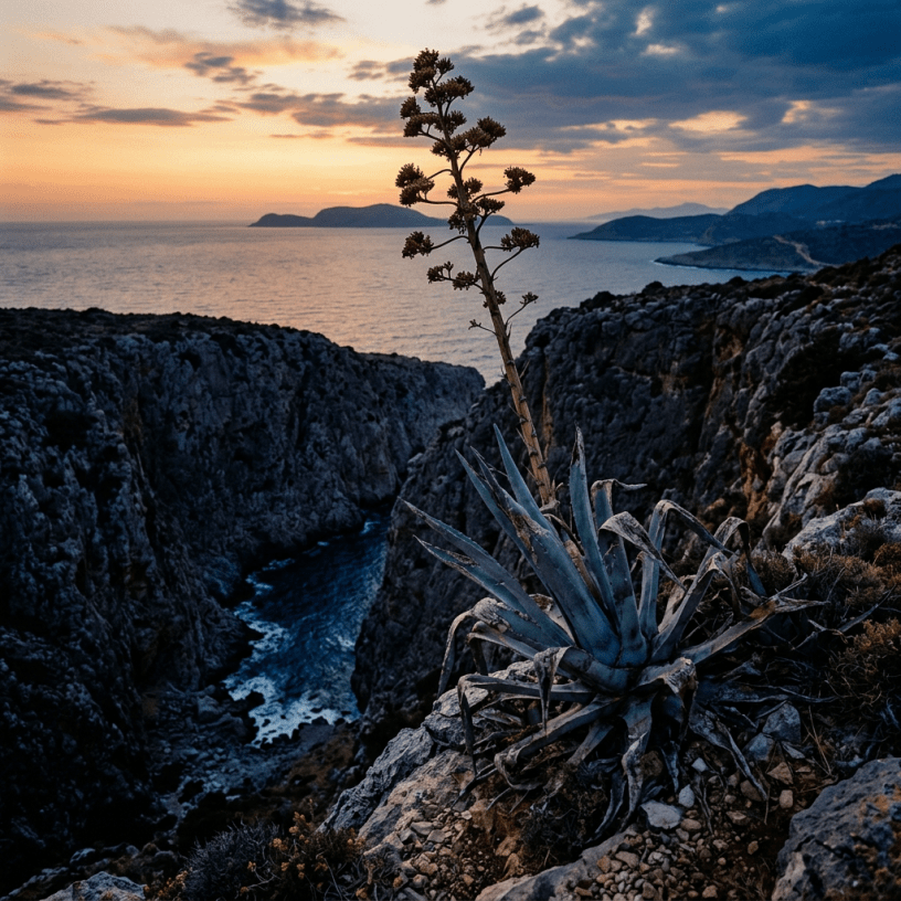 Blue agave and flowering stalk above a rocky coastal gorge at sunset