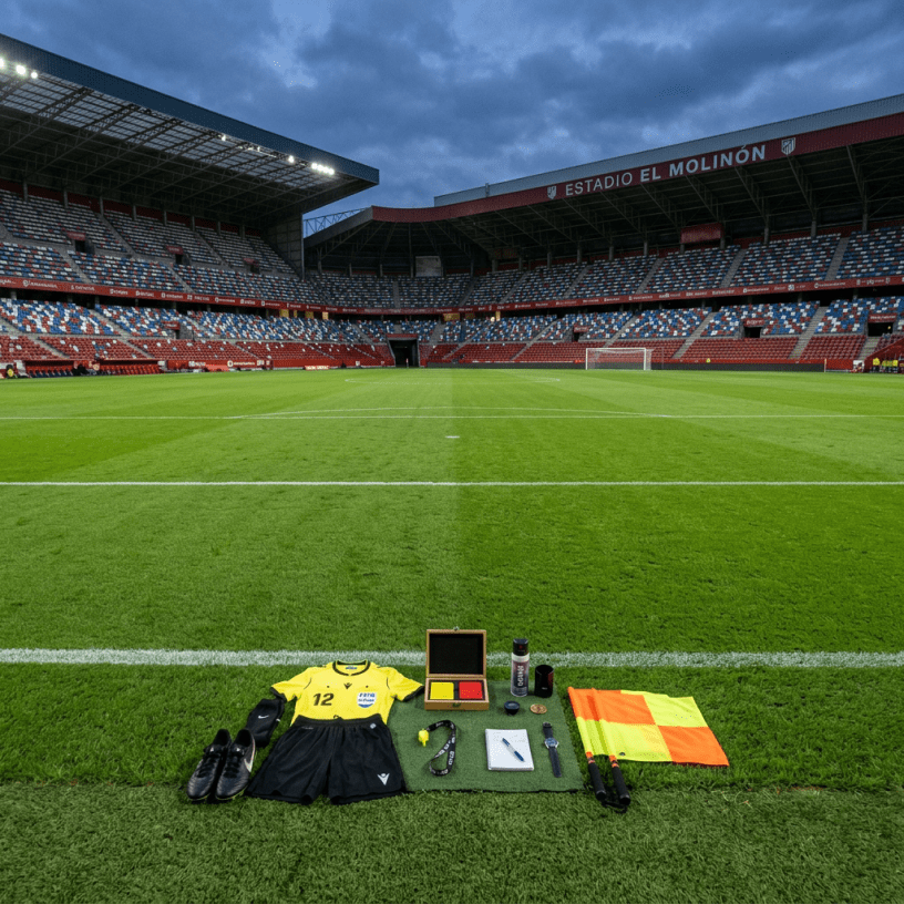 Referee kit and match officials’ equipment on El Molinón football pitch