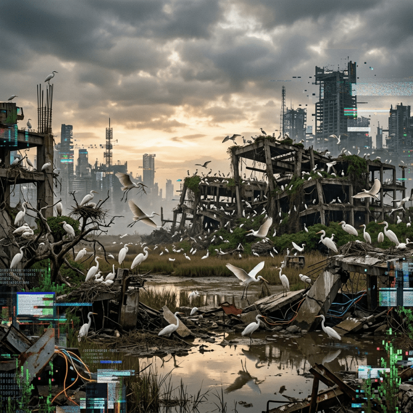 White egrets gather around a polluted wetland amid ruined buildings and skyscrapers