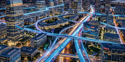 Futuristic city skyline with illuminated highways beside a bay at dusk