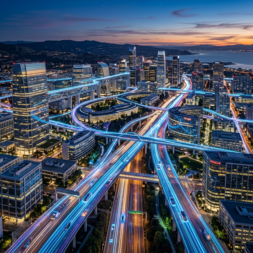 Futuristic city skyline with illuminated highways beside a bay at dusk