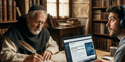 Scholar writing with a quill while a researcher works on a laptop