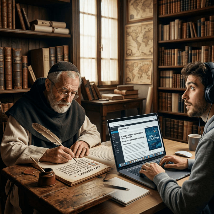 Scholar writing with a quill while a researcher works on a laptop